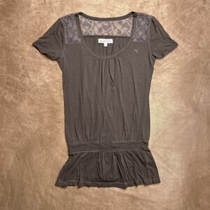 Abercrombie & Fitch Floral Lace Mesh Drop Waist Top Short Sleeve Shirt Brown Y2K